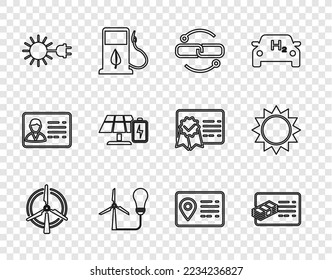 Set line Rotating wind turbine, Financial document, Chain link line, Light bulb with, Sun electric plug, Solar energy panel and battery, Address book and  icon. Vector