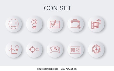 Set line Rotating wind turbine, Light bulb with, Signed document, Address book, Smile face, Solar energy panel, Sun electric plug and Hydrogen car icon. Vector