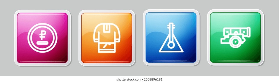 Set line Rouble, ruble currency, Kosovorotka, Balalaika and Cannon. Colorful square button. Vector