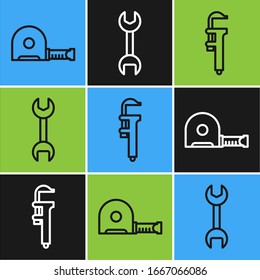 Ajuste la línea de construcción de la ruleta, pinza de freno o pinza de freno y escala y el icono de la llave inglesa. Vector