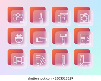 Set line Roulette construction, Color palette guide, Hammer, Pencil with eraser, Hand saw, House plan, Water tap and Screwdriver icon. Vector