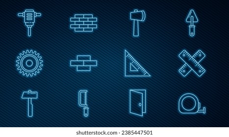 Set line Roulette construction, Crossed ruler, Wooden axe, Bricks, Circular saw blade, Electric rotary hammer drill, Triangular and  icon. Vector