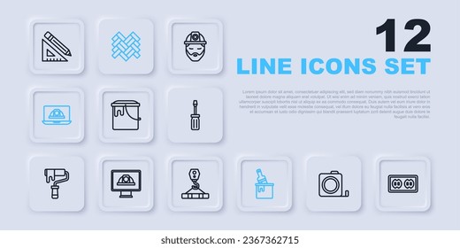 Set line Roulette construction, Electrical outlet, Paint bucket, with brush, Worker safety helmet, Parquet and Crane hook icon. Vector