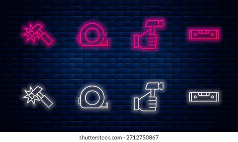 Set line Roulette construction, Hammer,  and Construction bubble level. Glowing neon icon on brick wall. Vector