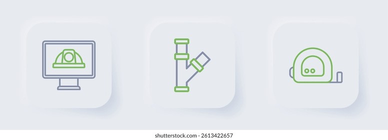Set line Roulette construction, Industry metallic pipe and Worker safety helmet icon. Vector