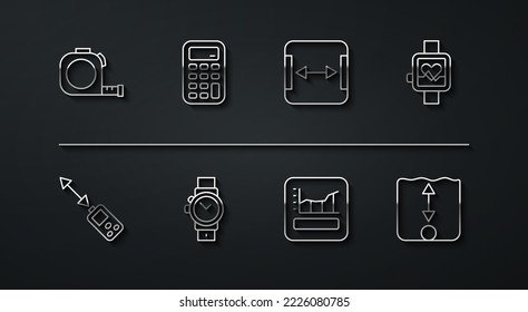 Ajuste la línea de construcción de ruleta, medidor de distancia láser, reloj inteligente, gráfico, planificación, gráfico, diagrama, escritura, calculadora, medida de profundidad e icono de área. Vector