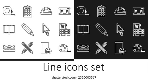 Set line Roulette construction, Mall or supermarket building, Protractor grid, Pencil, Open book, Pixel arrow cursor and Hotel icon. Vector