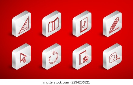 Ajuste la línea de construcción de ruleta, Abrir libro, audio, lápiz y línea, regla triangular, Refrescar y icono de cursor de flecha de píxeles. Vector