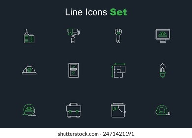 Set line Roulette construction, Paint bucket, Toolbox, Worker safety helmet, Light bulb, House plan, Hammer and wrench spanner and  icon. Vector