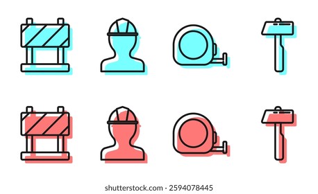 Set line Roulette construction, Road barrier, Worker safety helmet and Hammer icon. Vector