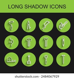 Set line Roulette construction, Snow shovel, Paint roller brush, Wrench spanner, Metallic nail, screw, Pencil with eraser and  icon. Vector