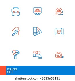 Set line Roulette construction, Water tap, Paint roller brush, House plan, with trowel, Color palette guide, Worker safety helmet and  icon. Vector