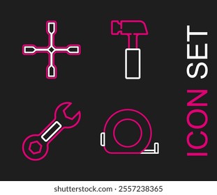 Set line Roulette construction, Wrench spanner, Hammer and Wheel wrench icon. Vector