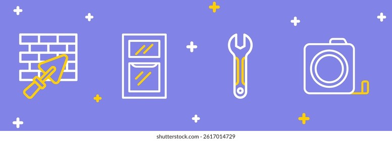 Set line Roulette construction, Wrench spanner, Hammer and wrench and Brick wall with trowel icon. Vector