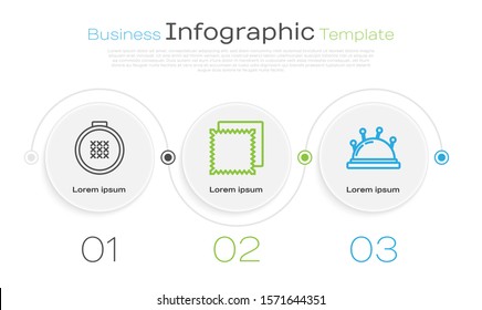 Set line Round adjustable embroidery hoop, Textile fabric roll and Needle bed and needles. Business infographic template. Vector