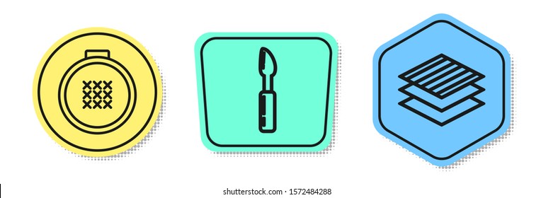 Set line Round adjustable embroidery hoop, Cutter tool and Textile fabric roll. Colored shapes. Vector