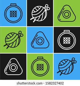 Set line Round adjustable embroidery hoop, Sewing chalk and Yarn ball with knitting needles icon. Vector