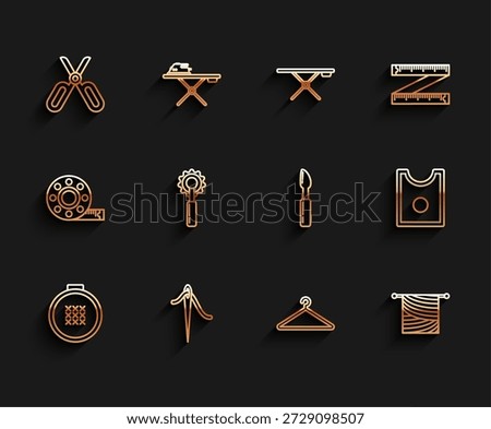 Set line Round adjustable embroidery hoop, Needle for sewing with thread, Scissors, Hanger wardrobe, Knitting, Cutter tool, Sewing Pattern and  icon. Vector