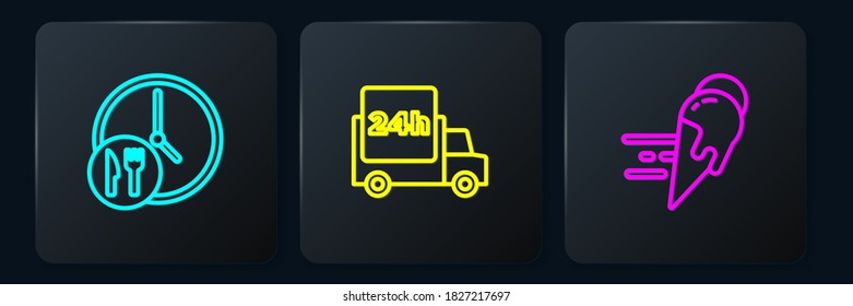 Set line Round the clock delivery, Online ordering ice cream and Fast by car. Black square button. Vector
