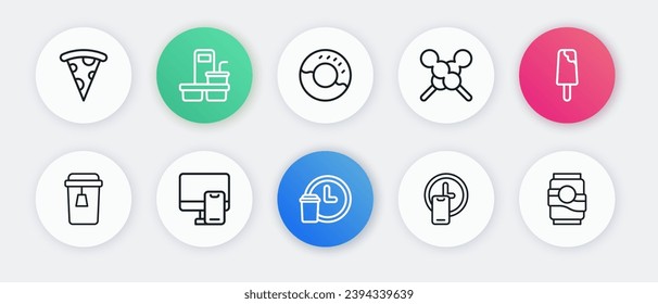 Fijar la línea Redondea el reloj, helado, taza de té, albóndigas sobre palo de madera, donut, lata de refrescos y icono de pedidos online de comida. Vector