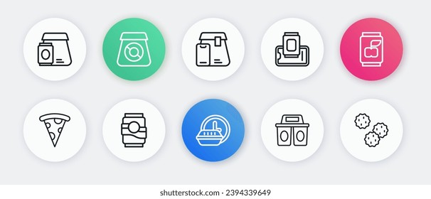Fijar línea Redondeando la entrega a las 24 horas, lata de refrescos, rebanada de pizza, taza de café para ir, pedidos de comida en el móvil, comida en línea, galleta de la galleta de la galleta y un icono. Vector
