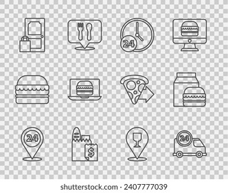 Set line Round the clock delivery, Fast by car, Clock 24 hours, Online ordering and, burger, Alcohol beer bar location and  icon. Vector