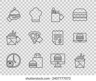 Set line Round the clock delivery, Asian noodles and chopsticks, Online ordering, burger, Covered with tray of food, pizza,  and  icon. Vector