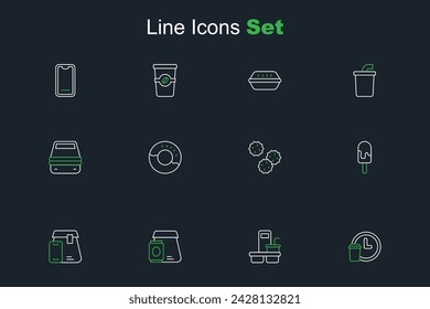 Set line Round the clock delivery, Coffee cup to go, Online ordering food, Ice cream, Cookie biscuit, Donut and Lunch box icon. Vector