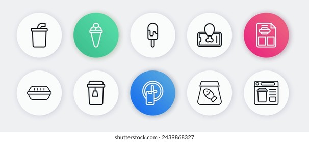 Set line Round the clock delivery, Restaurant cafe menu, Lunch box, Online ordering fish, Food on mobile, Ice cream, food and Cup of tea icon. Vector