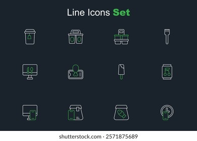 Set line Round the clock delivery, Online ordering fish, food, Soda can, Ice cream, Food on mobile and  icon. Vector