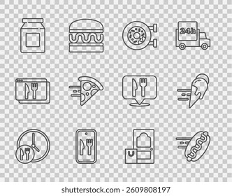 Set line Round the clock delivery, Online ordering hotdog, Donut, and, pizza,  and ice cream icon. Vector