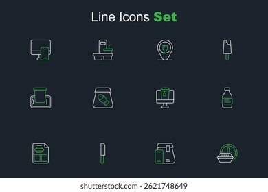 Set line Round the clock delivery, Online ordering food, Knife, Restaurant cafe menu, Bottle of water, fish and Food on mobile icon. Vector