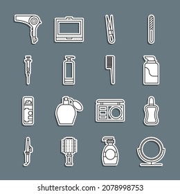 Set line Round makeup mirror, Nail polish bottle, Cream cosmetic tube, Eyebrow tweezers, Syringe, Hair dryer and Hairbrush icon. Vector