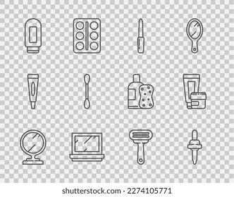 Set line Round makeup mirror, Pipette, Nail file, Makeup powder with, Cream lotion cosmetic tube, Cotton swab for ears, Shaving razor and  icon. Vector