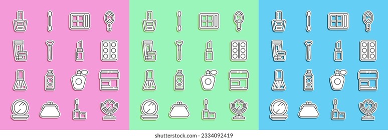Set line Round makeup mirror, Cream lotion cosmetic tube, Eye shadow palette, Makeup brush, Nail polish bottle and Lipstick icon. Vector