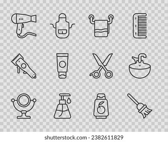 Set line Round makeup mirror, Mop, Towel on hanger, Cream cosmetic tube, Hair dryer, Bottle of shampoo and Washbasin icon. Vector