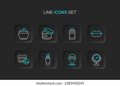 Set line Round makeup mirror, Smiling lips, Tube of hand cream, Cream lotion cosmetic tube, Deodorant roll,  and  icon. Vector