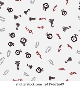 Set line Round makeup mirror, Shaving razor, Bottle of shampoo and Pipette with oil on seamless pattern. Vector