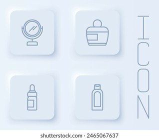 Set line Round makeup mirror, Cream lotion cosmetic tube, Essential oil bottle and Bottle of shampoo. White square button. Vector