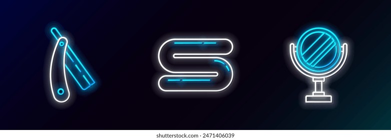 Set line Round makeup mirror, Straight razor and Towel icon. Glowing neon. Vector