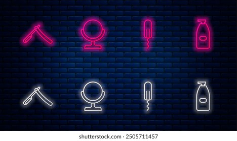 Set line Round makeup mirror, Sanitary tampon, Straight razor and Bottle of liquid antibacterial soap. Glowing neon icon on brick wall. Vector