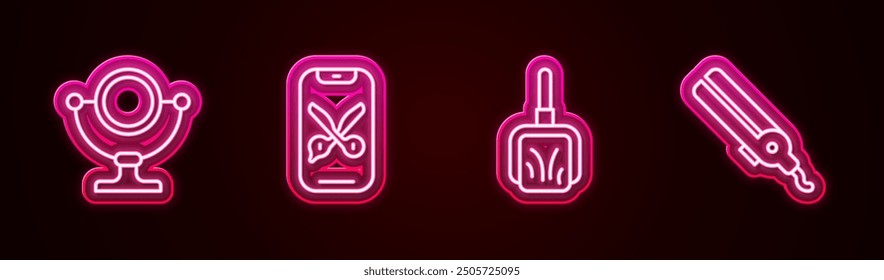 Set-Linie Runde Make-up Spiegel, Barber Online-Service-Plattform, Dustpan und Curling Eisen. Leuchtendes Neonsymbol. Vektorgrafik