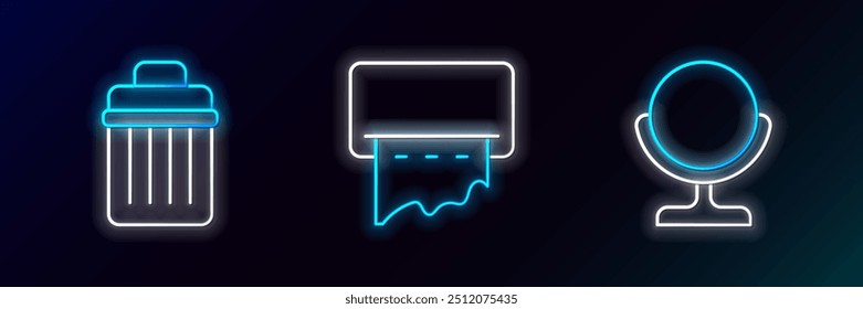 Espejo de maquillaje redondo, papelera y dispensador de toallas de papel en el icono de la pared. Brillante neón. Vector