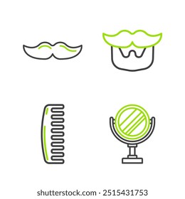 Espejo redondo del maquillaje, cepillo de pelo, bigote y barba e icono. Vector