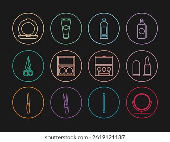Set line Round makeup mirror, Lipstick, Bottle of shampoo, Makeup powder with, Scissors, Eye shadow palette and Lotion cosmetic tube icon. Vector