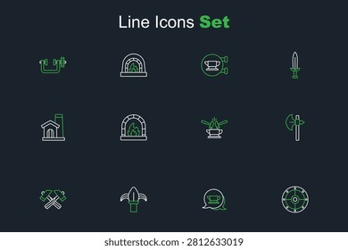Set line Round shield, Blacksmith anvil tool, Classic iron fence, Crossed hammer, Medieval axe, Anvil and, oven and Smithy workshop interior icon. Vector