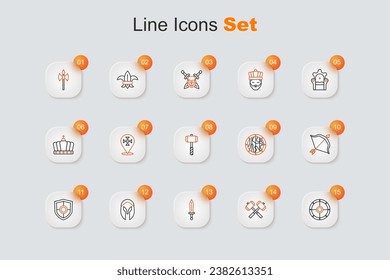 Fijar la línea Escudo redondo, Martillos de batalla cruzados, espada medieval, casco, Escudo, arco y flecha, icono de madera y batalla. Vector