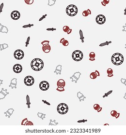 Fijar el escudo redondo, la espada medieval, la corona del rey y el casco en un patrón inquebrantable. Vector