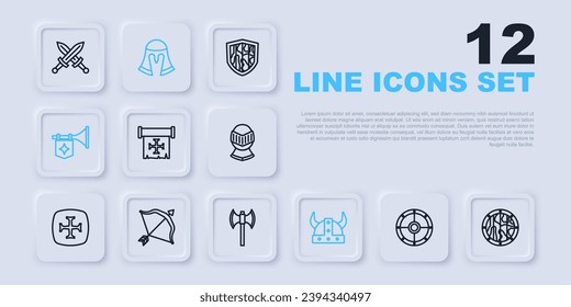 Set line Round shield, wooden, Crusade, Viking in horned helmet, Trumpet with flag, Medieval bow and arrow,  and poleaxe icon. Vector