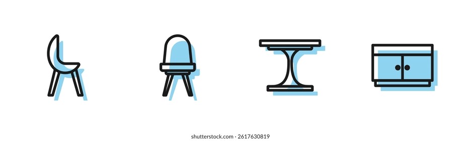 Set line Round table, Armchair, Chair and Chest of drawers icon. Vector